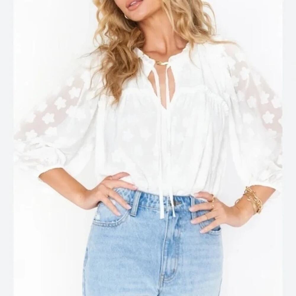 Show Me Your Mumu Flowy White Floral Blouse Top, Sheer Sleeves, Small